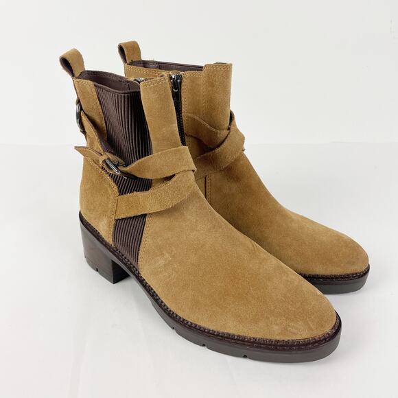 Donald Pliner Womens Savvy Bootie 7 Caramel Tan Brown Buckle Strap Leather NWOB - Picture 4 of 16